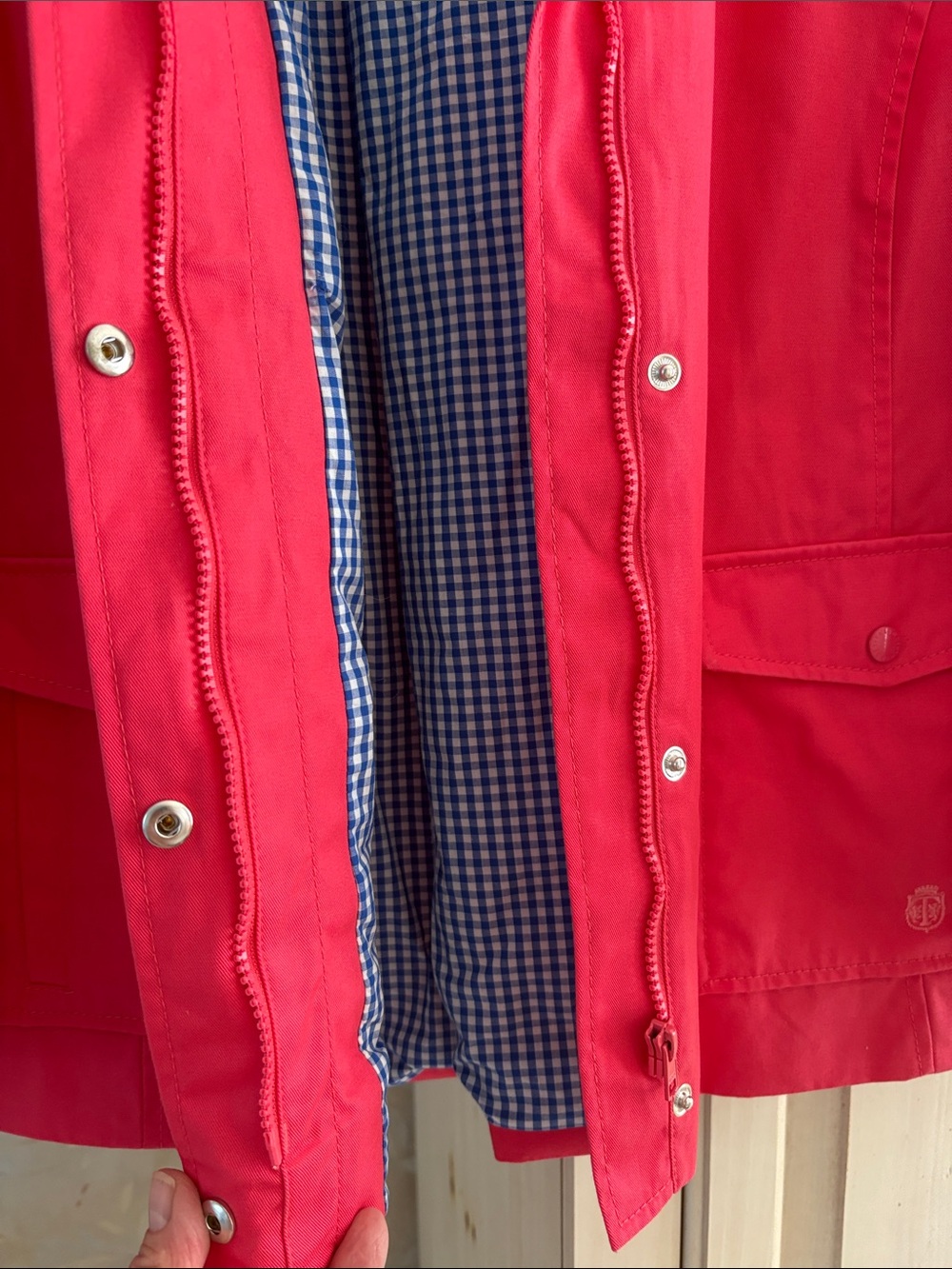 Talbots Rose Colored Hooded Cotton Swing Rain Jacket with Gingham Lining - Picture 9 of 11